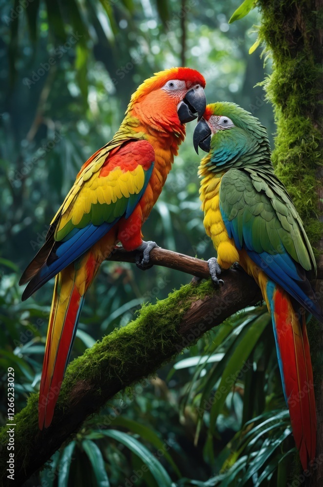 Two colorful parrots perched on a branch in a lush, green rainforest. Two colorful parrots perched on a branch in a lush, green rainforest.