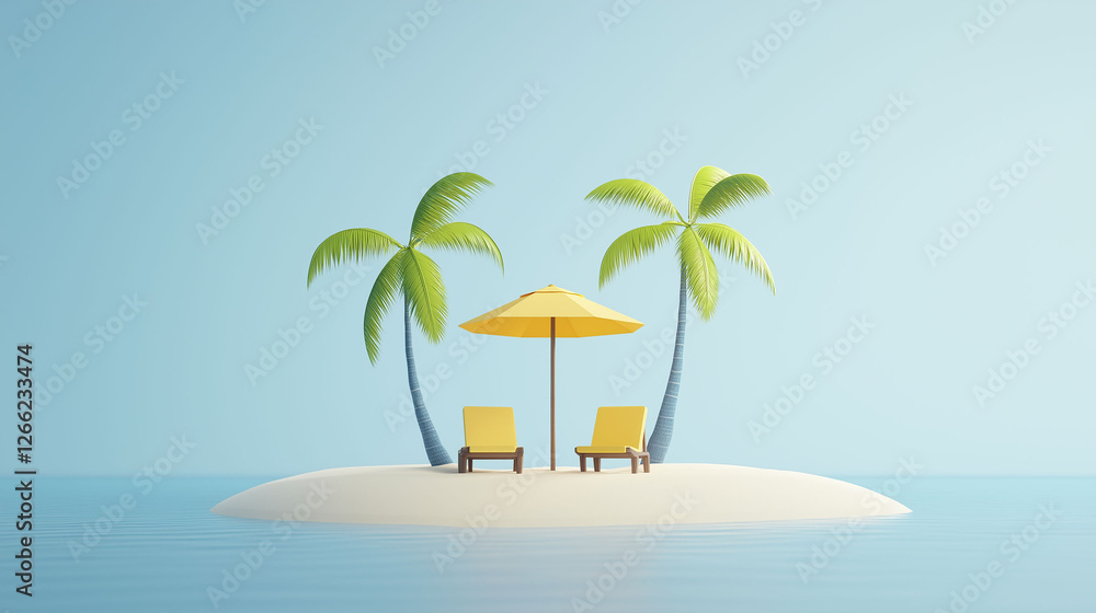Obraz premium 3D illustration of a small island, with a couple of palm trees, a yellow umbrella and a couple of chairs
