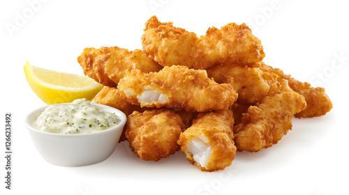 A serving of crispy fried fish sticks with lemon wedge and tartar sauce on the side photo