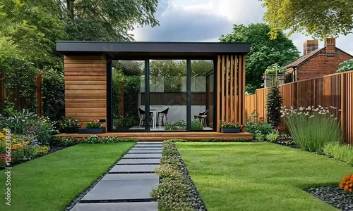 Enchanting Garden with a Stone-Tiled Path Leading to a Cozy Garden Room Office