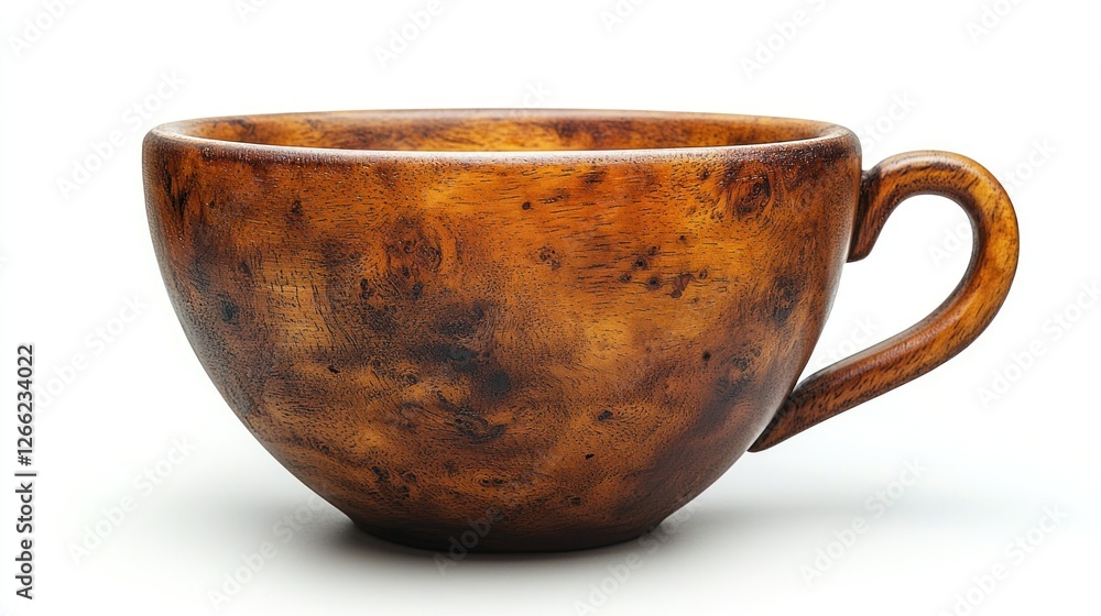 A handcrafted wooden teacup sits on a white background A handcrafted wooden teacup sits on a white background