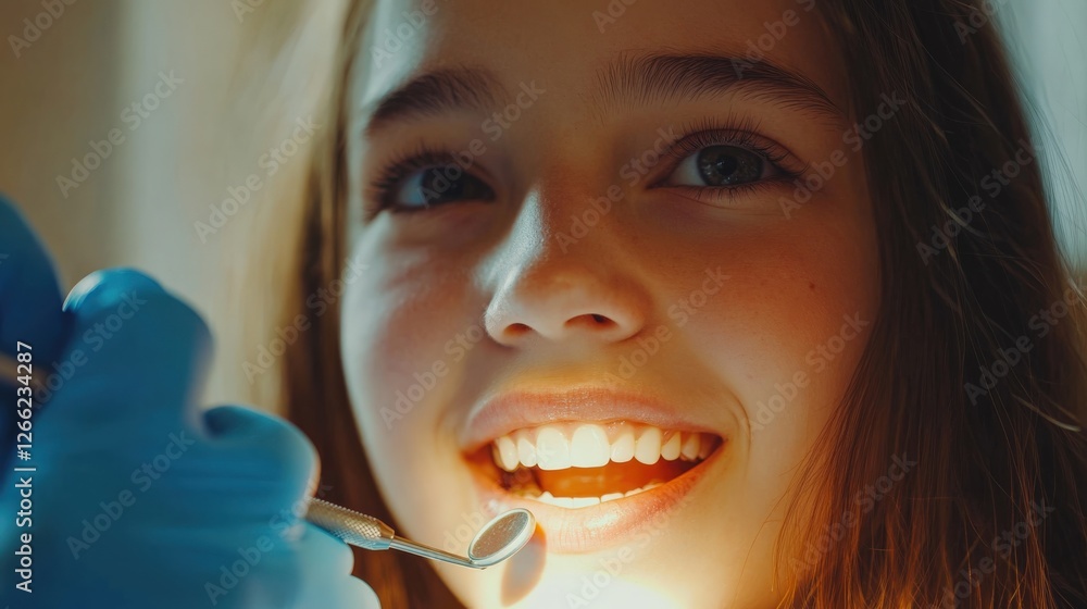 Happy Young Girl Smiling During Dental Checkup with Dentist Tools Happy Young Girl Smiling During Dental Checkup with Dentist Tools