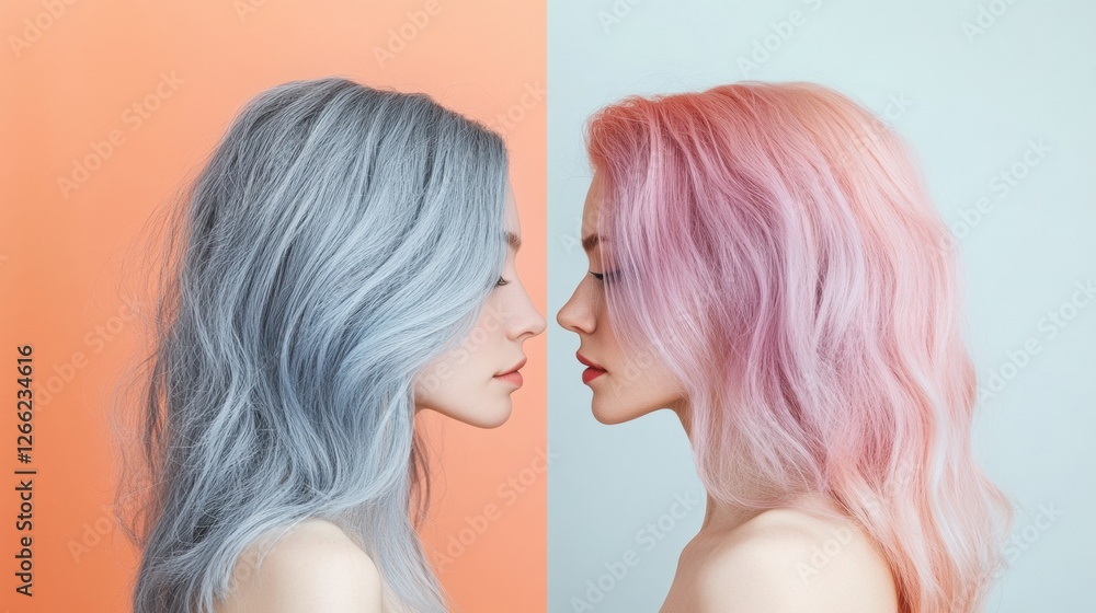 Gray hair transforms into vibrant pink and purple hues in creative beauty showcase. Generative AI Gray hair transforms into vibrant pink and purple hues in creative beauty showcase. Generative AI