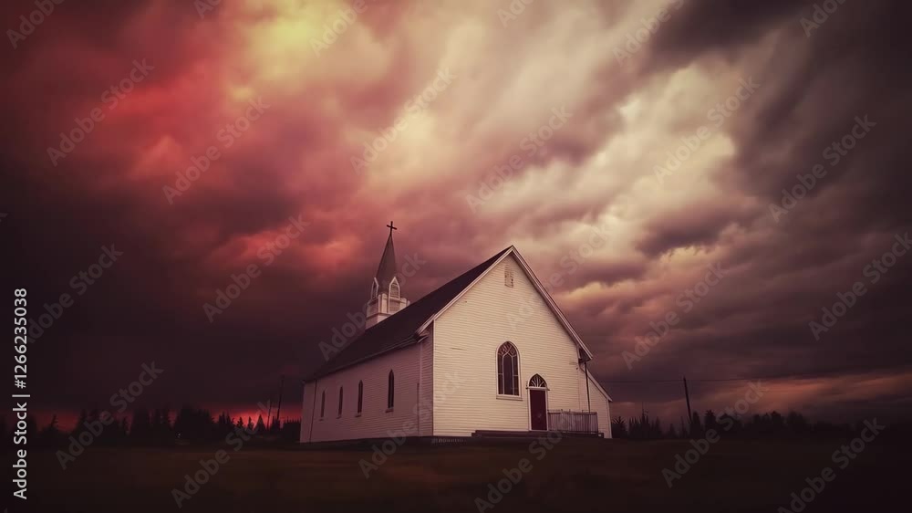 White church building under dramatic red stormy clouds at sunset. Rural chapel in moody landscape. Eerie halloween atmosphere with dark sky and lonely building White church building under dramatic red stormy clouds at sunset. Rural chapel in moody landscape. Eerie halloween atmosphere with dark sky and lonely building