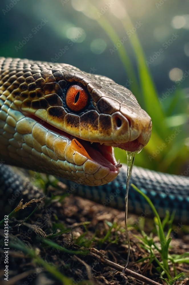 A close-up of a snake with vibrant scales and striking eyes, set in a natural environment. A close-up of a snake with vibrant scales and striking eyes, set in a natural environment.