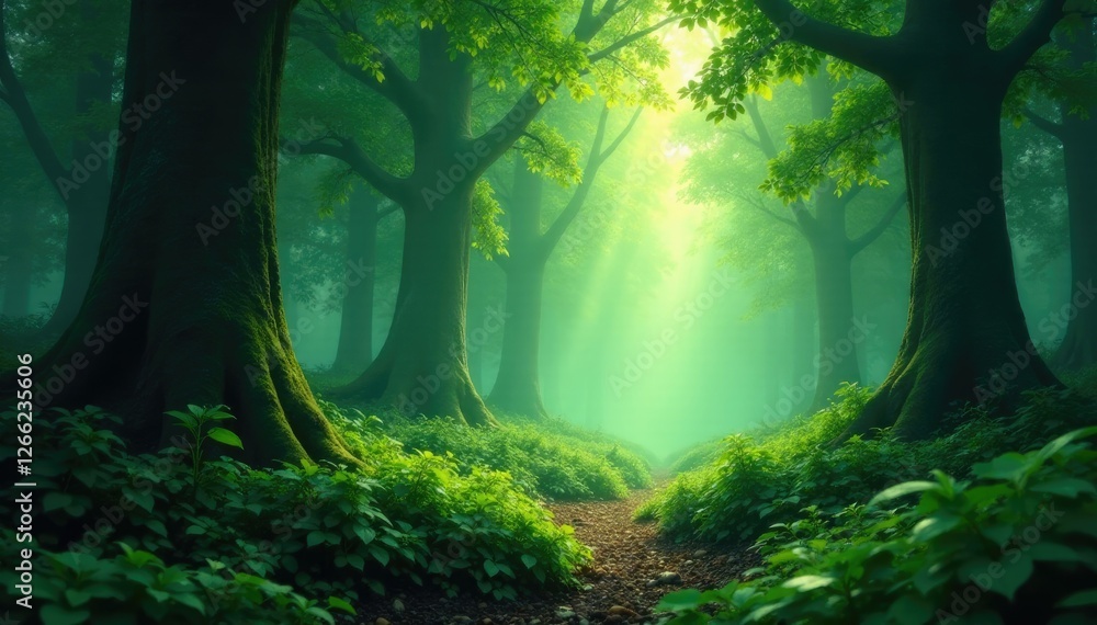 Obraz premium Soft luminescent glow permeates the ancient forest, forest, green