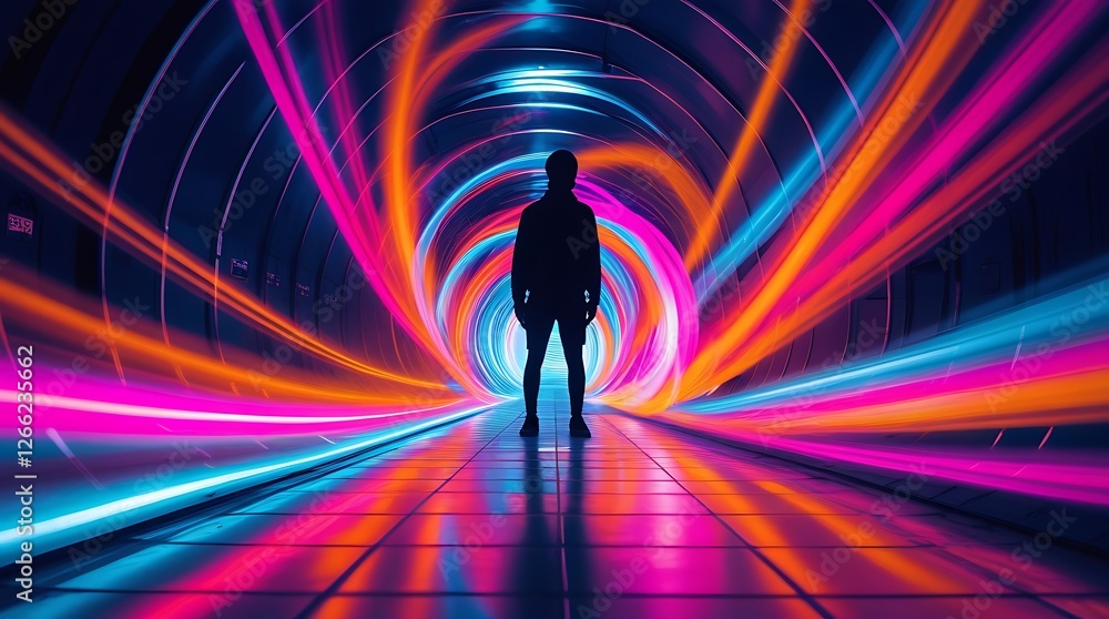 A silhouette of a person standing in a futuristic tunnel illuminated with neon swirls of pink, purple, blue, and orange lights, creating a sci-fi and cyberpunk-inspired atmosphere.
A silhouette of a person standing in a futuristic tunnel illuminated with neon swirls of pink, purple, blue, and orange lights, creating a sci-fi and cyberpunk-inspired atmosphere.