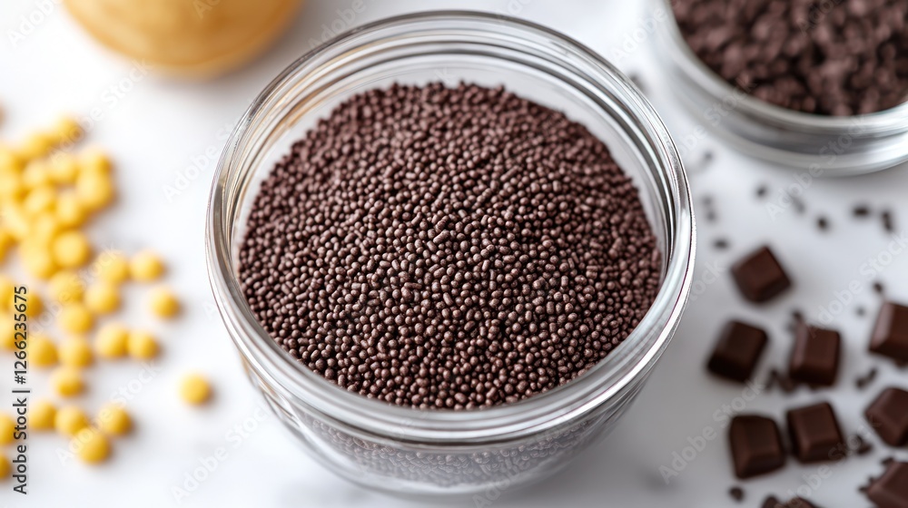 Chocolate sprinkles in glass jar, baking ingredients on marble countertop Chocolate sprinkles in glass jar, baking ingredients on marble countertop