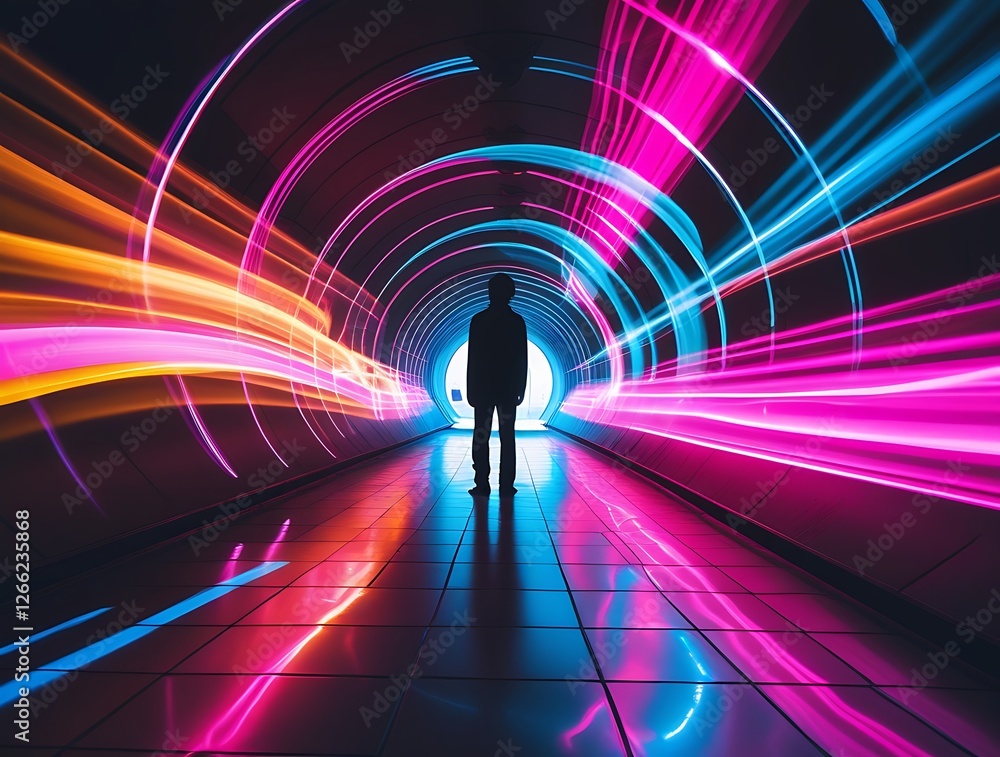 A silhouette of a person standing in a futuristic tunnel illuminated with neon swirls of pink, purple, blue, and orange lights, creating a sci-fi and cyberpunk-inspired atmosphere.
A silhouette of a person standing in a futuristic tunnel illuminated with neon swirls of pink, purple, blue, and orange lights, creating a sci-fi and cyberpunk-inspired atmosphere.