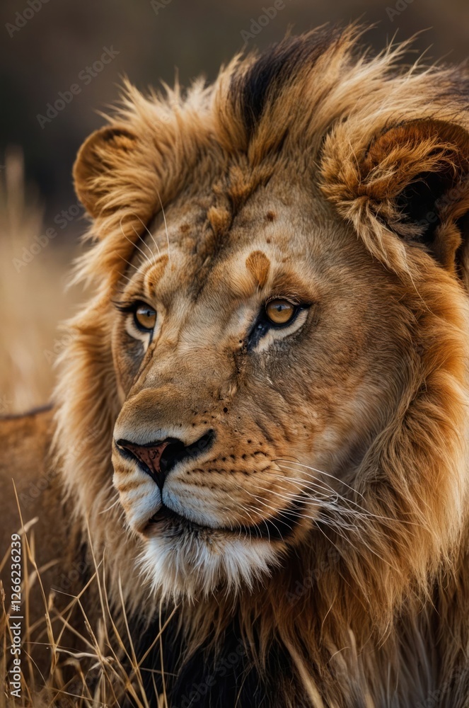 Close-up of a lion showcasing its majestic features in a natural setting. Close-up of a lion showcasing its majestic features in a natural setting.