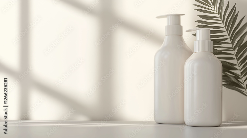 Mockup with white beauty care product packaging, with window and leaf shadows