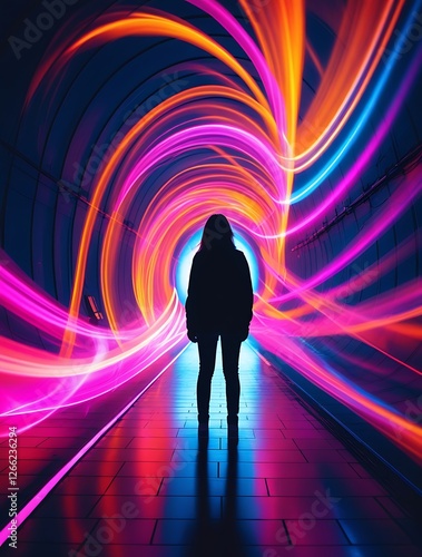 A silhouette of a person standing in a futuristic tunnel illuminated with neon swirls of pink, purple, blue, and orange lights, creating a sci-fi and cyberpunk-inspired atmosphere.

