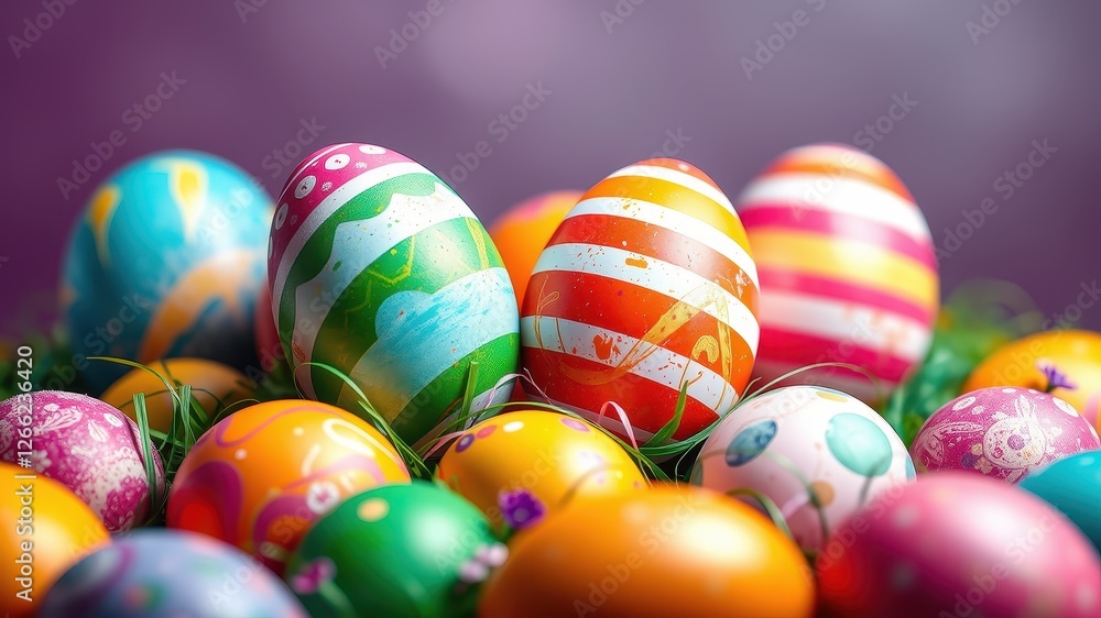 Colorful Easter Eggs on Grass with Vibrant Spring Background Colorful Easter Eggs on Grass with Vibrant Spring Background
