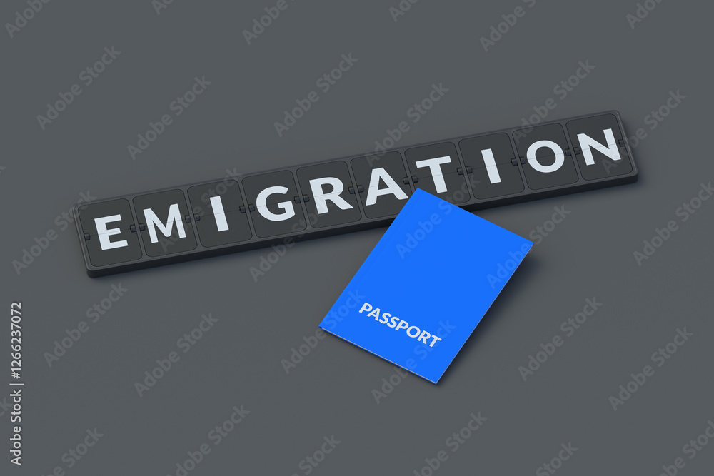 Emigration inscription on flipboard near passport on gray background. Change of permanent residence. Social problems. International laws. 3d render Emigration inscription on flipboard near passport on gray background. Change of permanent residence. Social problems. International laws. 3d render