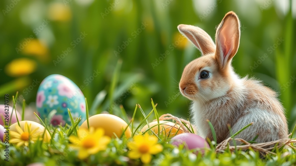 Fototapeta premium Cute Bunny Among Colorful Easter Eggs and Spring Flowers