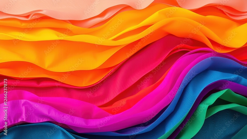 Fototapeta premium Vibrant Waves of Colorful Silk Fabric in Soft Pleats and Folds
