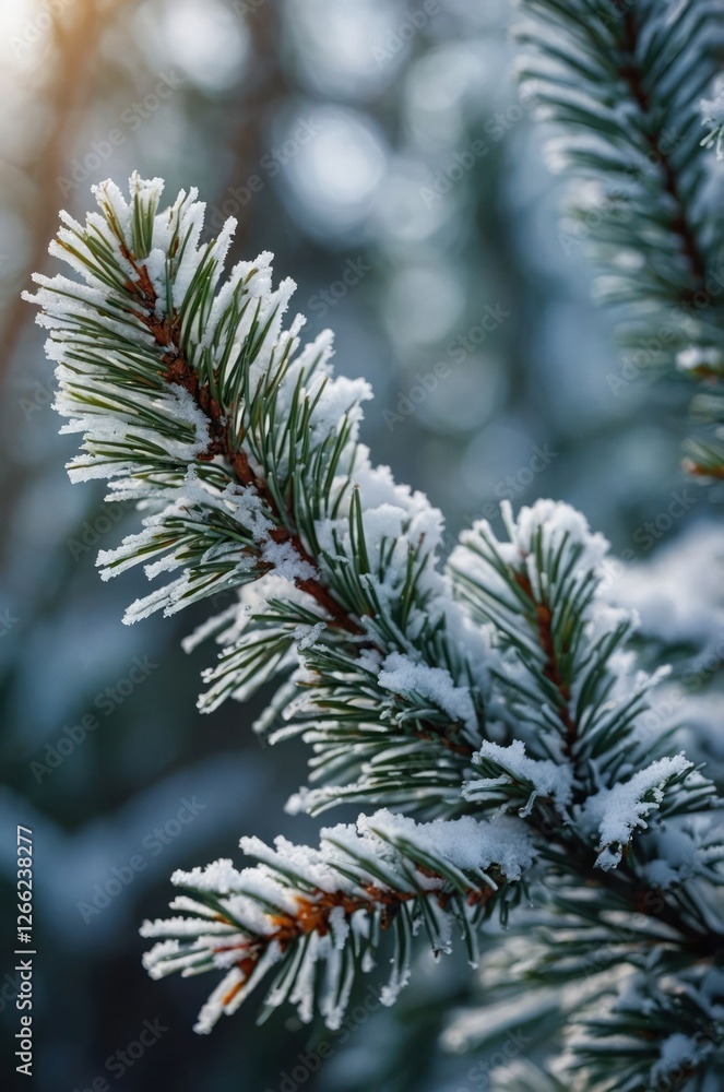 A close-up of a snow-covered pine branch glistening in natural light. A close-up of a snow-covered pine branch glistening in natural light.