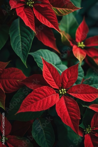 Wallpaper Mural A close-up view of vibrant red poinsettia leaves against a dark background. Torontodigital.ca