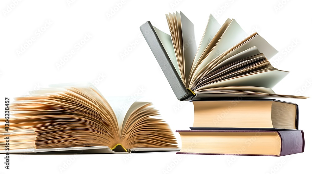 Naklejka premium Open books, stack, knowledge, white background, education