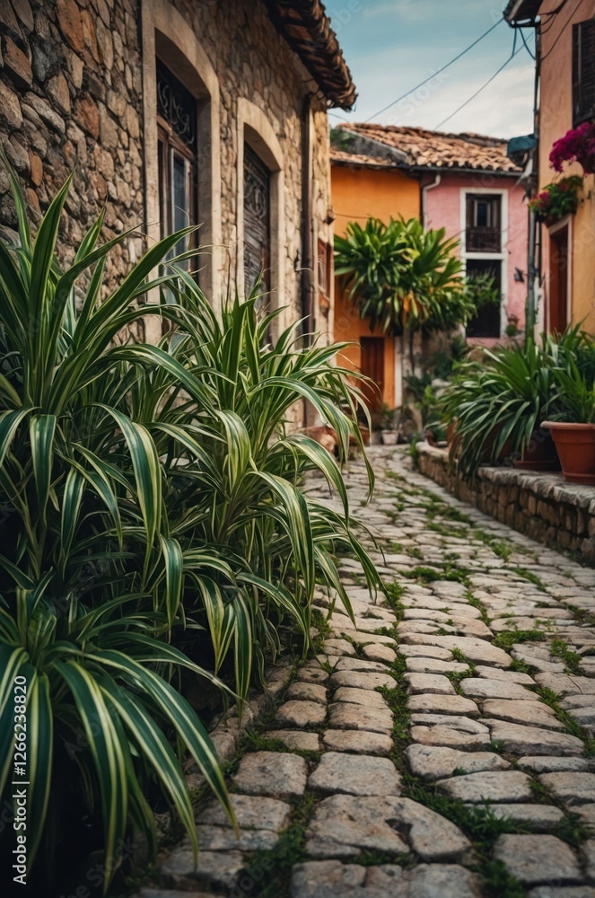 A picturesque cobblestone alleyway lined with lush plants and charming stone buildings. A picturesque cobblestone alleyway lined with lush plants and charming stone buildings.