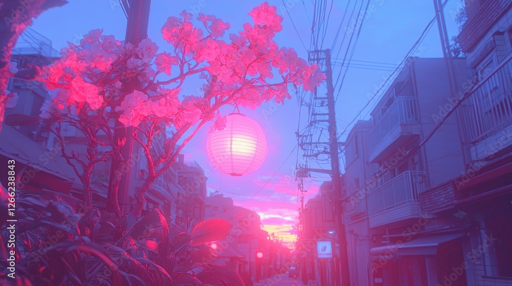 Obraz premium Pink lantern-lit alleyway at sunset, Japan