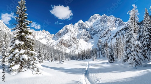 Wallpaper Mural Snowy mountain valley, pristine winter landscape, tranquil scene, scenic hiking path, outdoor, great for travel and nature brochures Torontodigital.ca