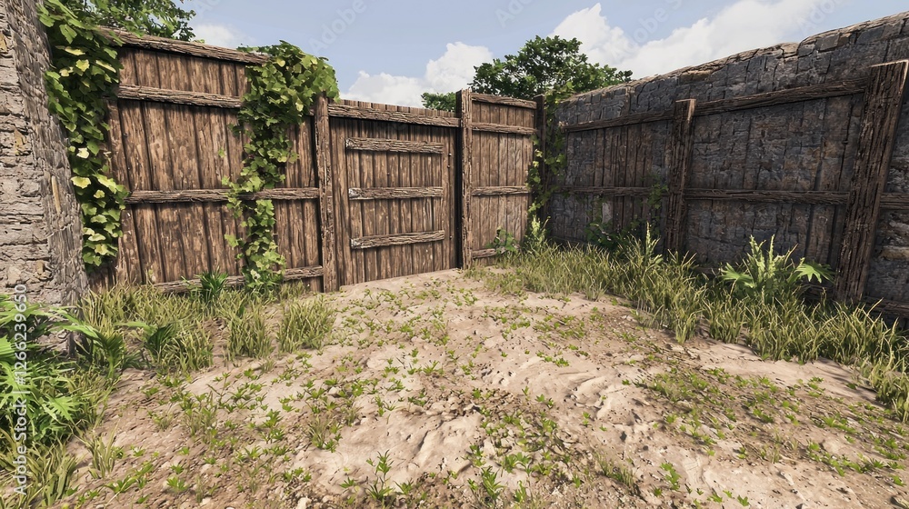 Wooden Gate in a Dusty Courtyard with Stone Walls Wooden Gate in a Dusty Courtyard with Stone Walls