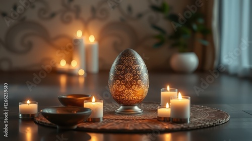 Elegant Decorative Egg Surrounded by Soft Candles and Natural Light