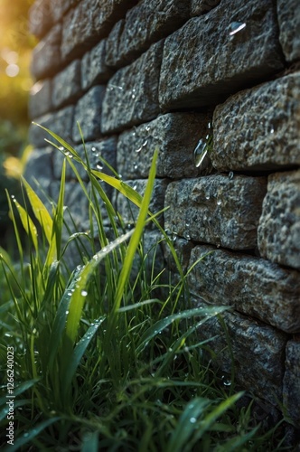 A close-up of grass with dew against a stone wall, capturing nature's beauty.