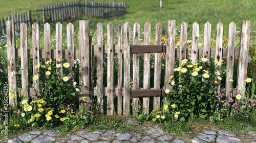 Rustic wooden fence gate with flowers in a meadow