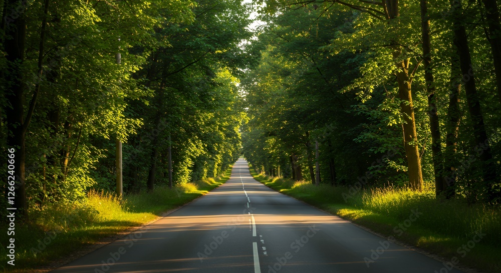 Obraz premium Driving on Road Through Lush Green Forest Canopy in Summer