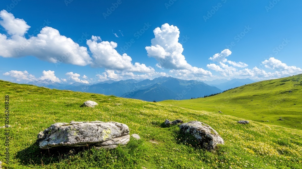 Sunny Mountain Meadow Landscape with Wildflowers and Rocks Sunny Mountain Meadow Landscape with Wildflowers and Rocks