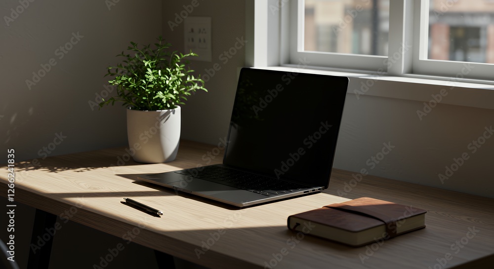 Fototapeta premium Laptop, Notebook, and Plant on Desk Near Window in Sunlight