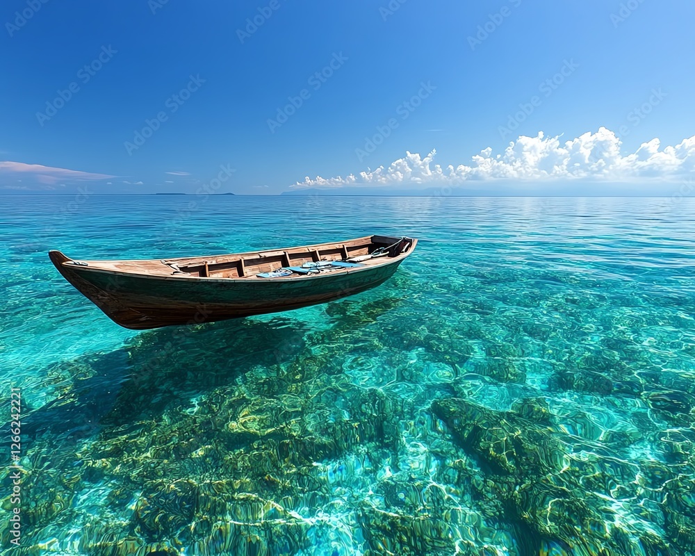 Naklejka premium A peaceful boat gliding on crystalclear water with