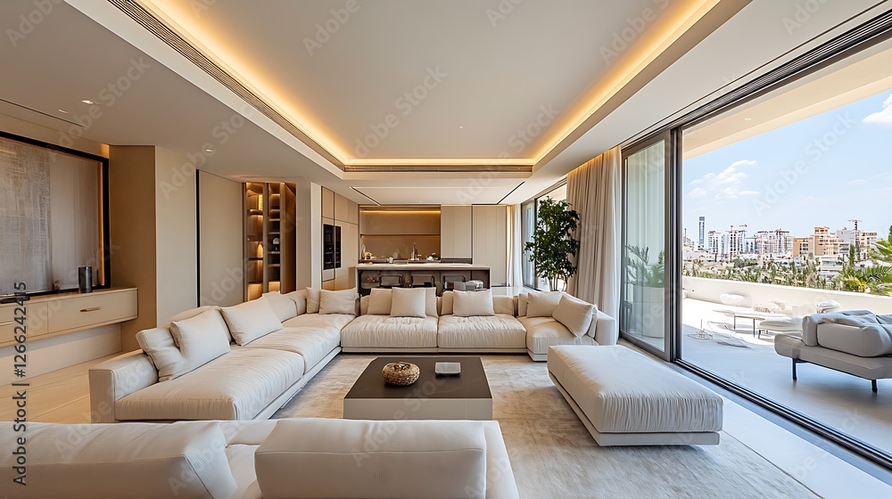 Luxurious open plan living room with custom designed furniture high end finishes and seamless integration with a modern kitchen for a sophisticated layout Luxurious open plan living room with custom designed furniture high end finishes and seamless integration with a modern kitchen for a sophisticated layout