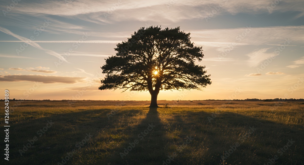 Fototapeta premium Lone Tree Silhouette at Sunset Radiating Warm Light in Open Field