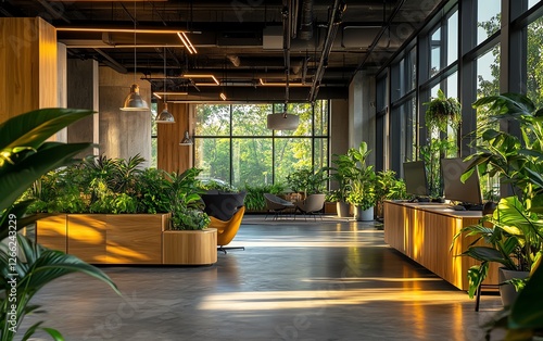 A spacious sustainable office with plants, natural light, and energyefficient fixtures, biophilic design, ecofriendly ambiance, highend details, 4K resolution photo