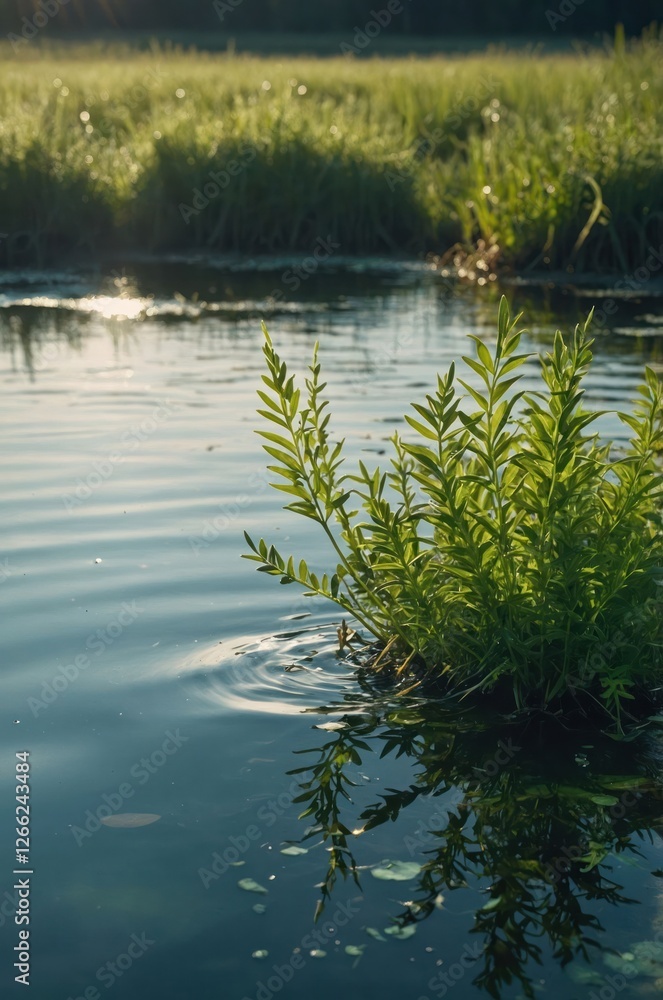 A serene water scene with ripples and lush green plants reflecting in the water. A serene water scene with ripples and lush green plants reflecting in the water.