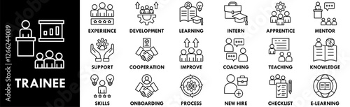 Trainee icon collection set. Containing design trainee, professional, work, business, employee