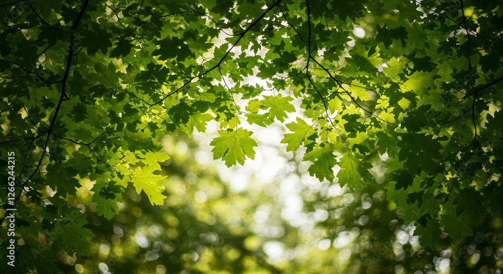 Fototapeta premium Sunlight Streaming Through Green Maple Leaves Canopy in Forest