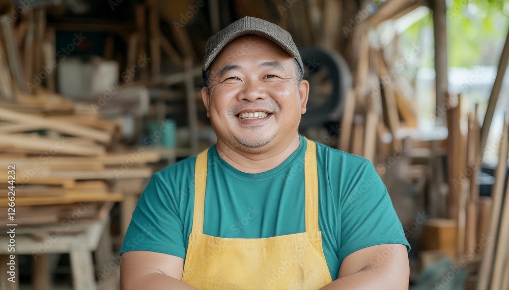 Obraz premium Smiling Craftsman in a Wooden Workshop