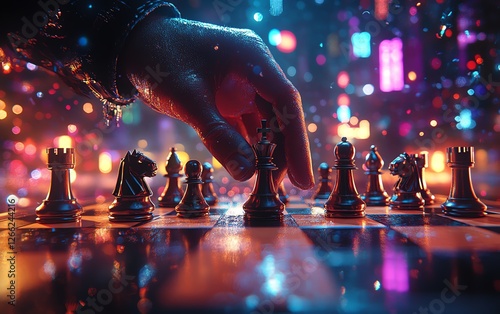 A hand executes a gamechanging chess move, representing leadership and critical thinking, ultradetailed, cinematic lighting, deep depth of field, 8K render photo