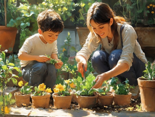 A Sunny Garden Day: Mom and Son Nurturing Seedlings, Cultivating Love, and Growing Together in a Vibrant Outdoor Setting with Potted Plants.