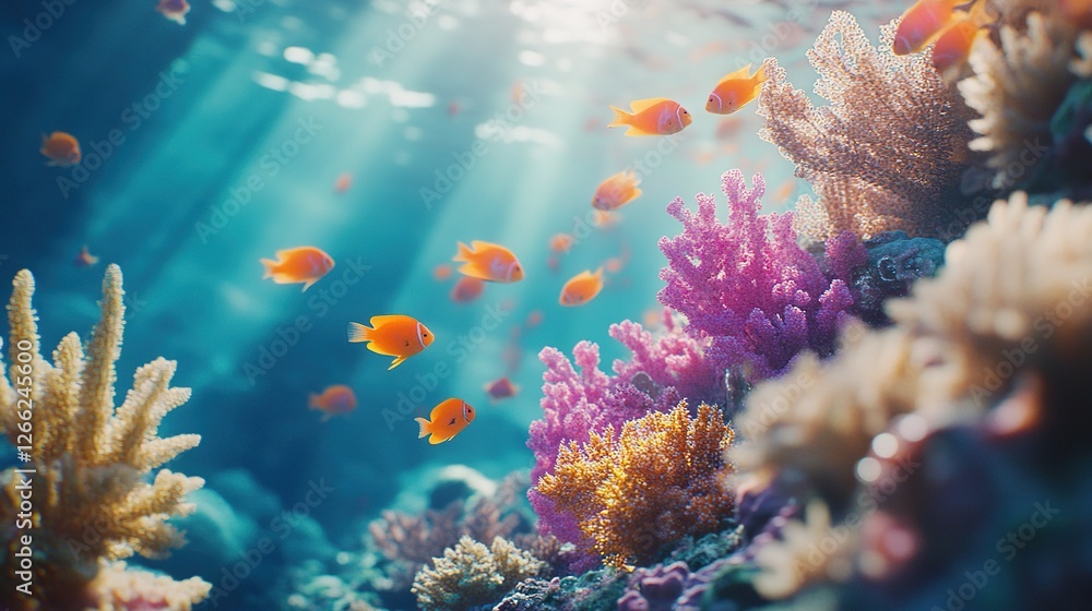 Fototapeta premium Vibrant Coral Reef With Orange Fish Swimming