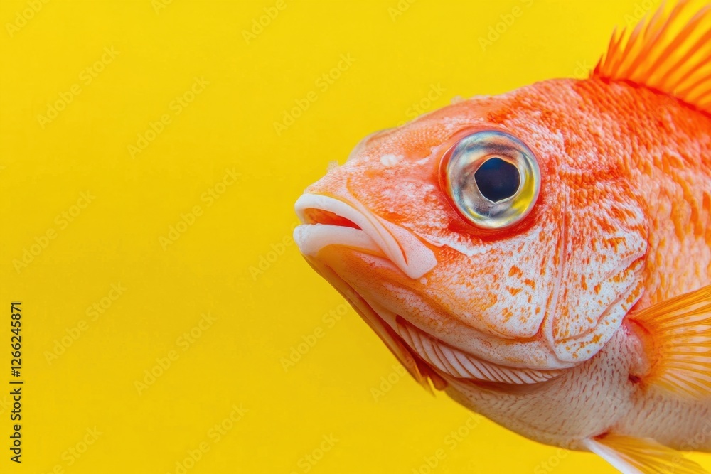 Close up of a vibrant orange fish against yellow background Close up of a vibrant orange fish against yellow background