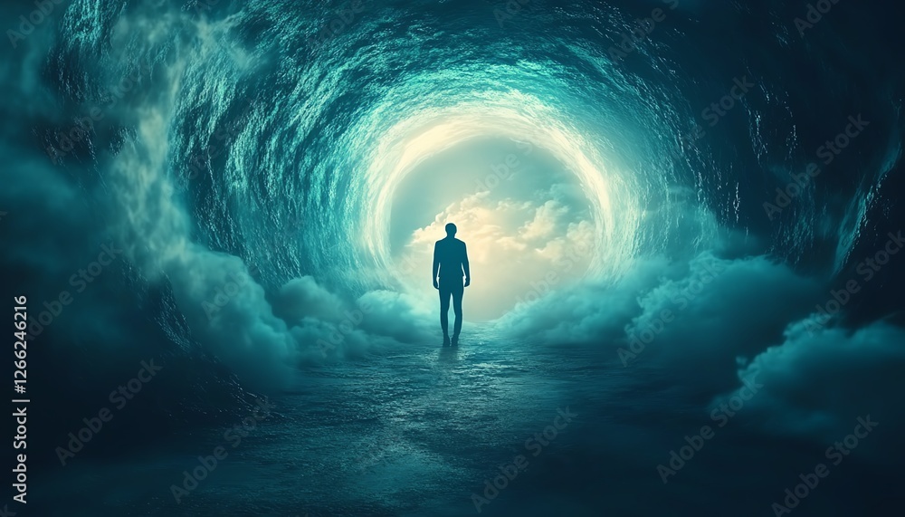 A person s silhouette in a glowing tunnel, symbolizing hope and mystery, abstract fantasy journey, soft light and surreal glowing elements, highresolution design A person s silhouette in a glowing tunnel, symbolizing hope and mystery, abstract fantasy journey, soft light and surreal glowing elements, highresolution design