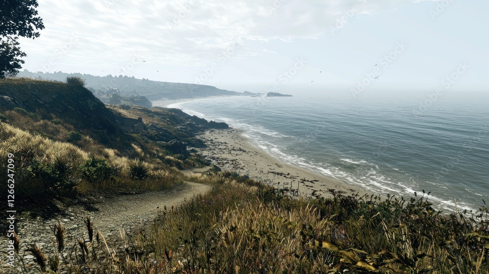 Coastal path overlooking a beach, with a hazy sky, perfect for travel and adventure Coastal path overlooking a beach, with a hazy sky, perfect for travel and adventure
