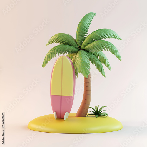 Surfboard leaning against palm tree on tropical island rendering