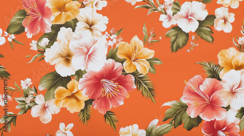 Colorful hibiscus flowers creating a tropical and exotic pattern on orange ba...