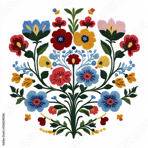 Colorful floral embroidery design with traditional motifs, vibrant stitches, ...